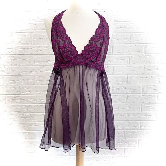 Victoria’s Secret Purple Floral Lace Halter chemise Lingerie Size Medium - Picture 1 of 5